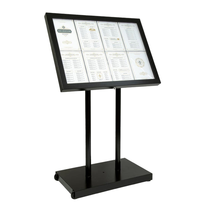 Porte-menu à LED blanches en acier noir 8xA4 avec poteau et socle - Securit