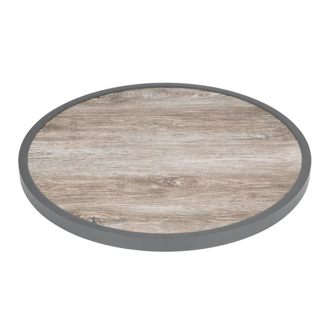 Plateau de table extérieur rond en verre trempé effet grain de bois bord gris 580 mm - Bolero