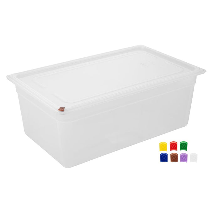 Bacs PP Click GN 1/1 avec couvercles et 7 clips de couleur 200 mm 25,6 L (lot de 2) - Hygiplas