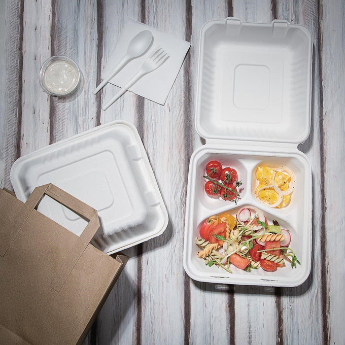 Boîtes 3 compartiments avec couvercle à charnière compostables en bagasse 201 mm (lot de 200) - Fiesta Compostable