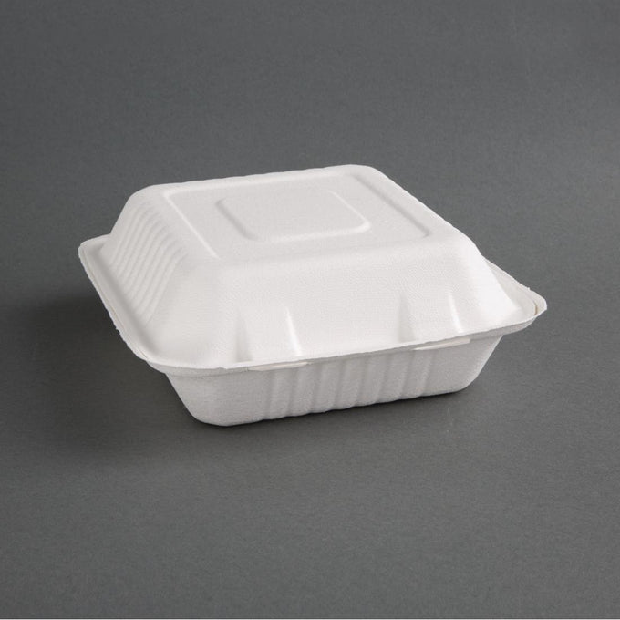 Boîtes 3 compartiments avec couvercle à charnière compostables en bagasse 201 mm (lot de 200) - Fiesta Compostable