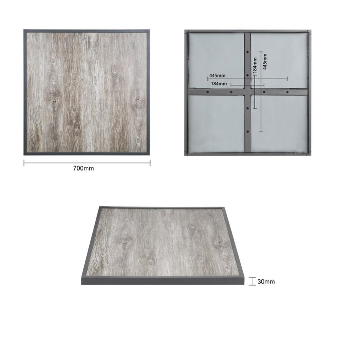 Plateau de table extérieur carré en verre trempé effet grain de bois bord gris 700 mm - Bolero
