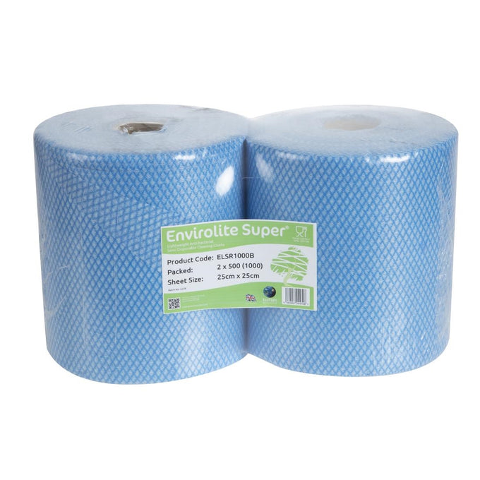 Rouleaux de chiffons de nettoyage antibactériens Envirolite Super bleus (lot de 2 × 500) - EcoTech