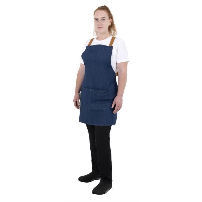 Tablier court croisé dans le dos en denim bleu avec liens en cuir - Southside