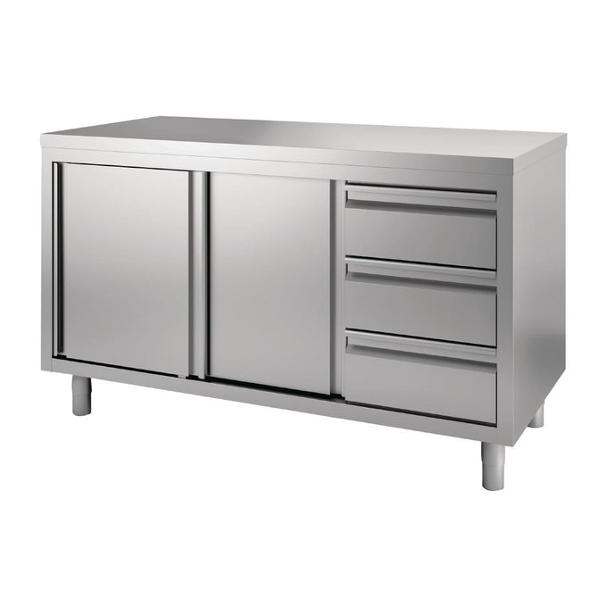 Table armoire inox avec portes coulissantes et 3 tiroirs à droite 1400 × 700 × 850/900 mm - Gastro M