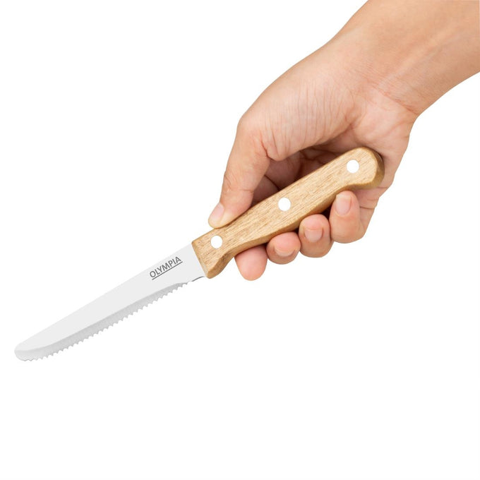 Couteaux à steak arrondis manche en bois d'acacia 100 % FSC 114 mm (lot de 12) - Olympia