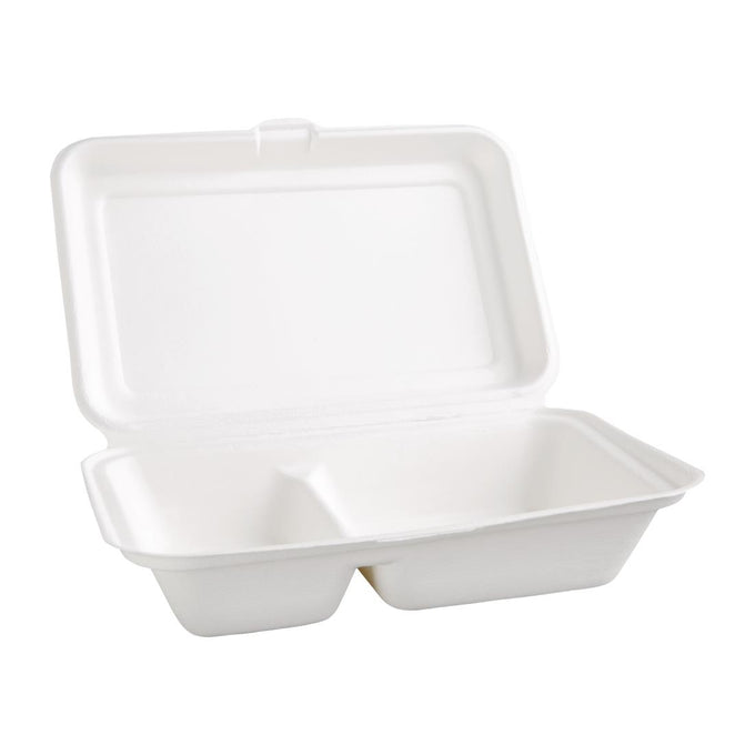 Boîtes 2 compartiments avec couvercle à charnière compostables en bagasse 253 mm (lot de 200) - Fiesta Compostable