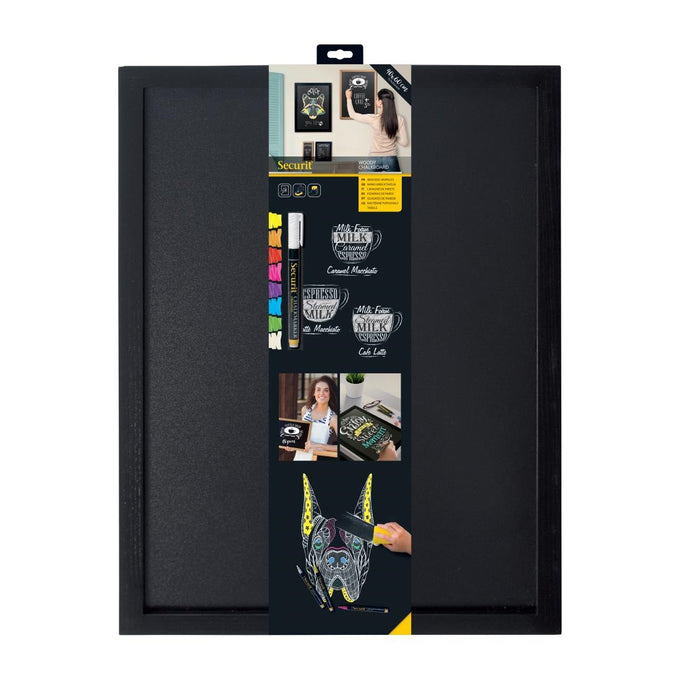 Ardoise murale cadre en bois noir avec feutre craie et fixations 40 × 60 cm - Securit
