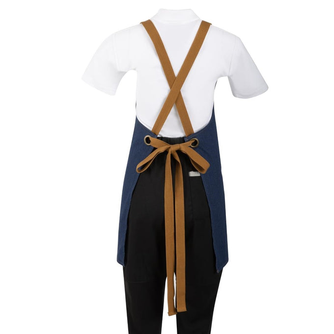 Tablier court croisé dans le dos en denim bleu avec liens en cuir - Southside