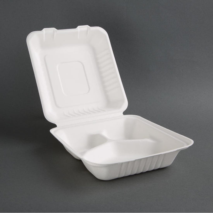 Boîtes 3 compartiments avec couvercle à charnière compostables en bagasse 201 mm (lot de 200) - Fiesta Compostable