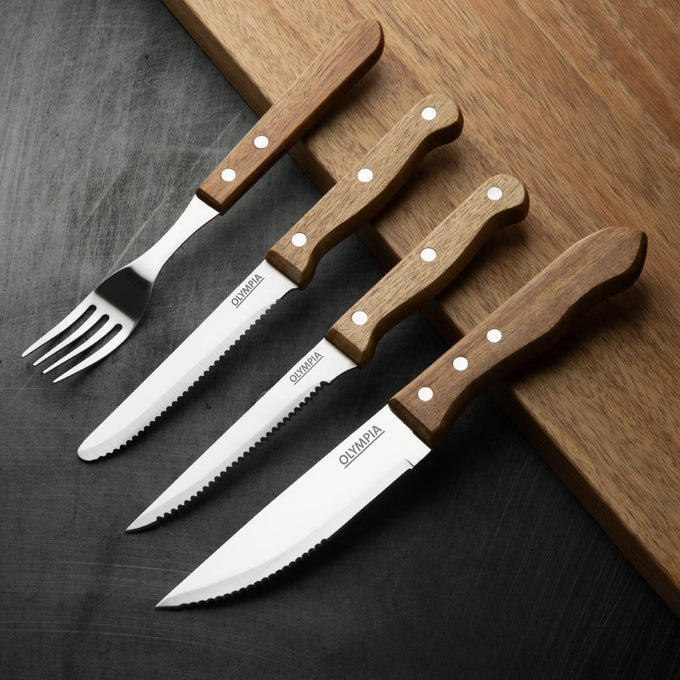 Fourchettes à steak manche en bois d'acacia 100 % FSC 101 mm (lot de 12) - Olympia
