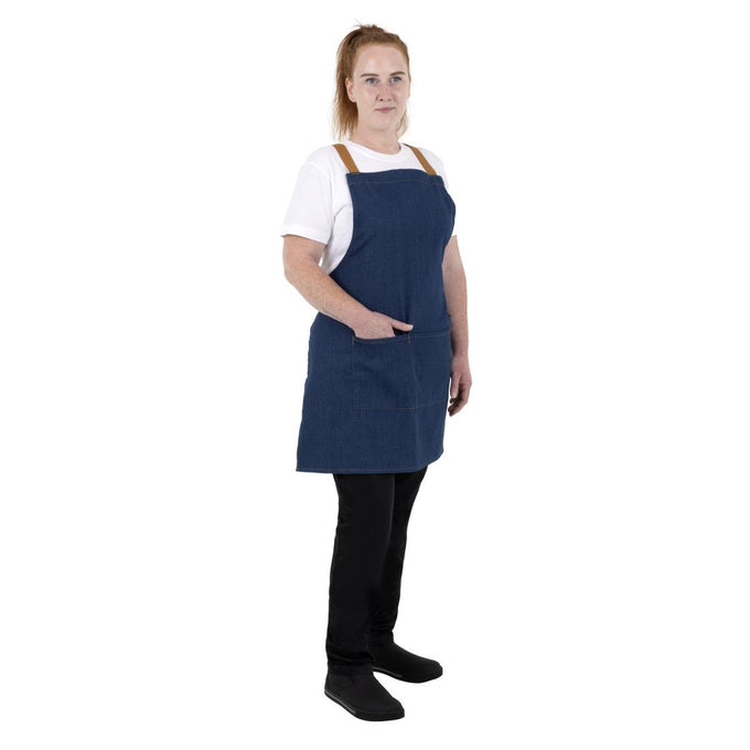 Tablier court croisé dans le dos en denim bleu avec liens en cuir - Southside