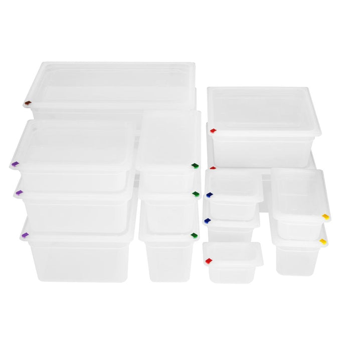 Bacs PP Click GN 1/2 avec couvercles et 7 clips de couleur 200 mm 11,7 L (lot de 4) - Hygiplas