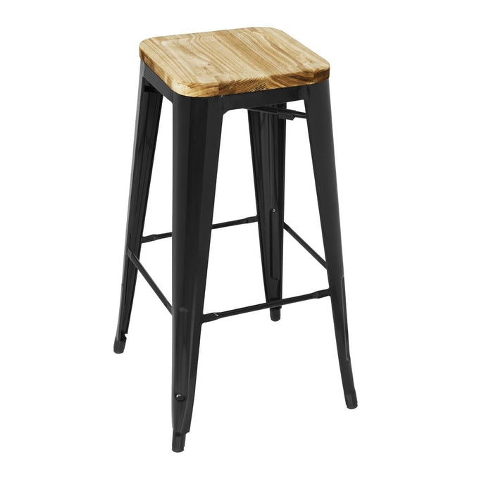 Tabouret bistro haut en acier noir avec assise en bois (lot de 4) - Bolero