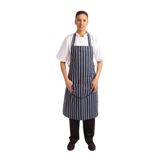 Tablier bavette avec poche rayé marine et blanc - Whites Chefs Clothing
