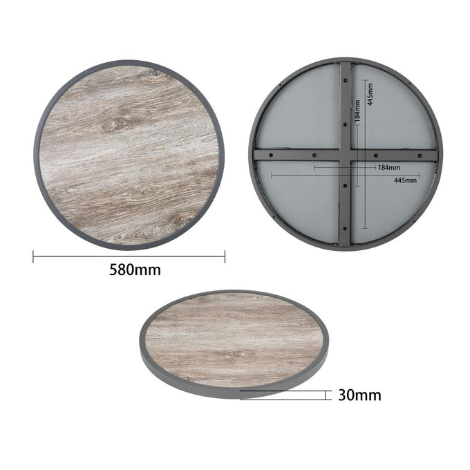 Plateau de table extérieur rond en verre trempé effet grain de bois bord gris 580 mm - Bolero