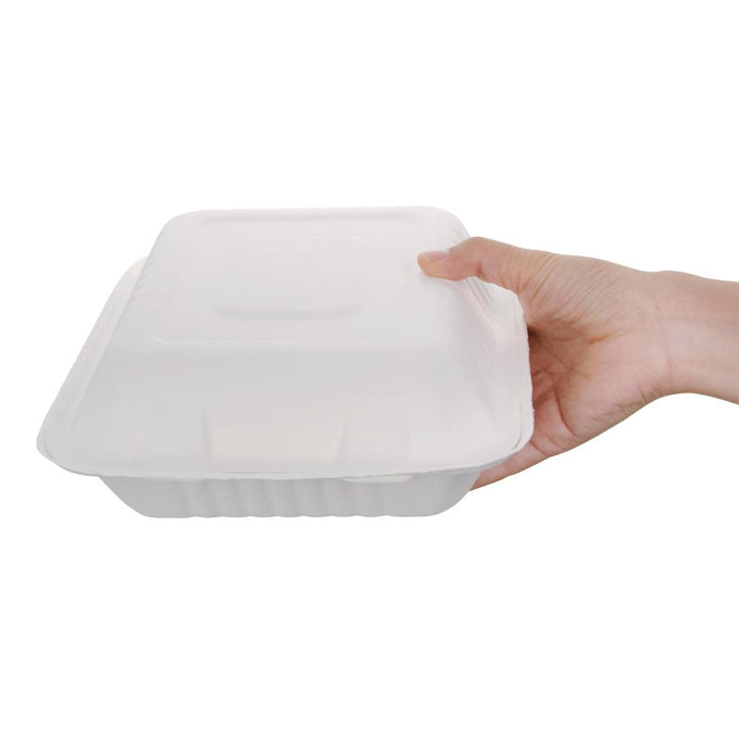 Boîtes 3 compartiments avec couvercle à charnière compostables en bagasse 201 mm (lot de 200) - Fiesta Compostable