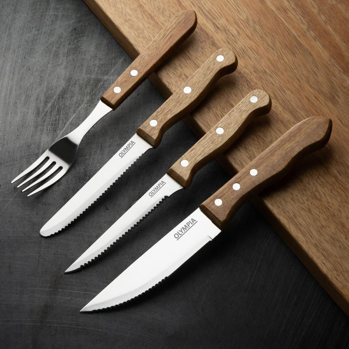 Couteaux à steak arrondis manche en bois d'acacia 100 % FSC 114 mm (lot de 12) - Olympia