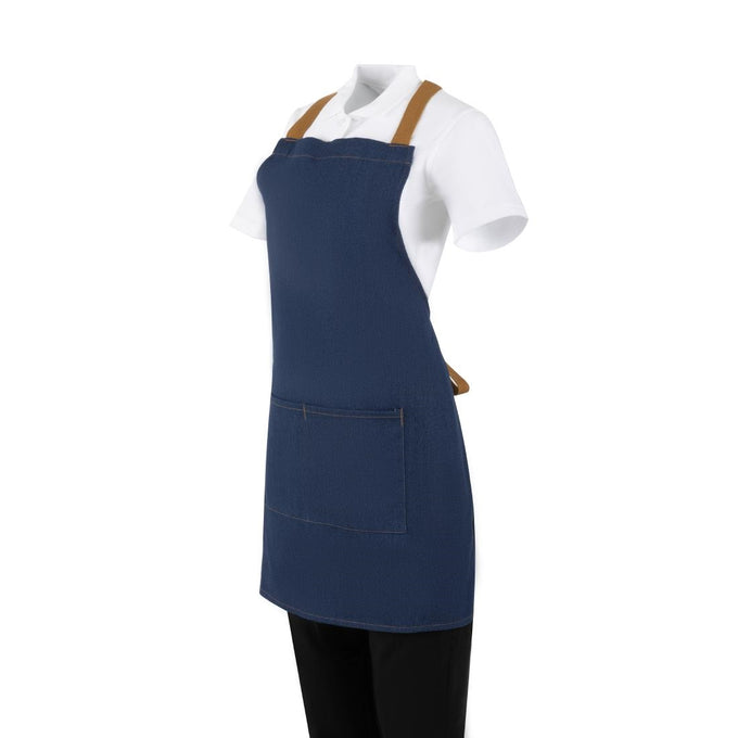 Tablier court croisé dans le dos en denim bleu avec liens en cuir - Southside