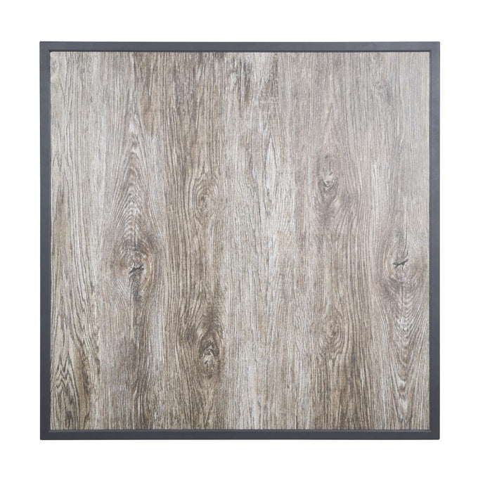 Plateau de table extérieur carré en verre trempé effet grain de bois bord gris 700 mm - Bolero