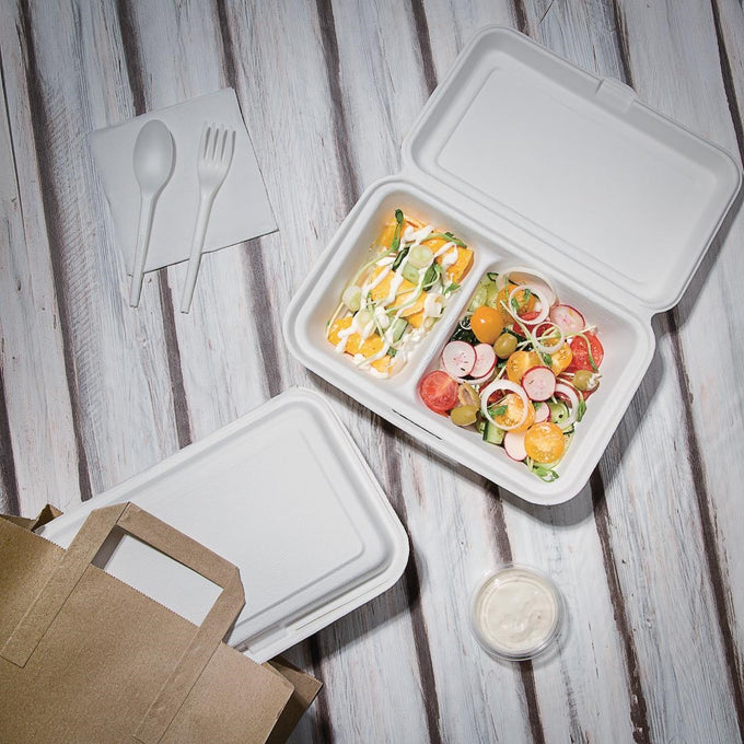 Boîtes 2 compartiments avec couvercle à charnière compostables en bagasse 253 mm (lot de 200) - Fiesta Compostable