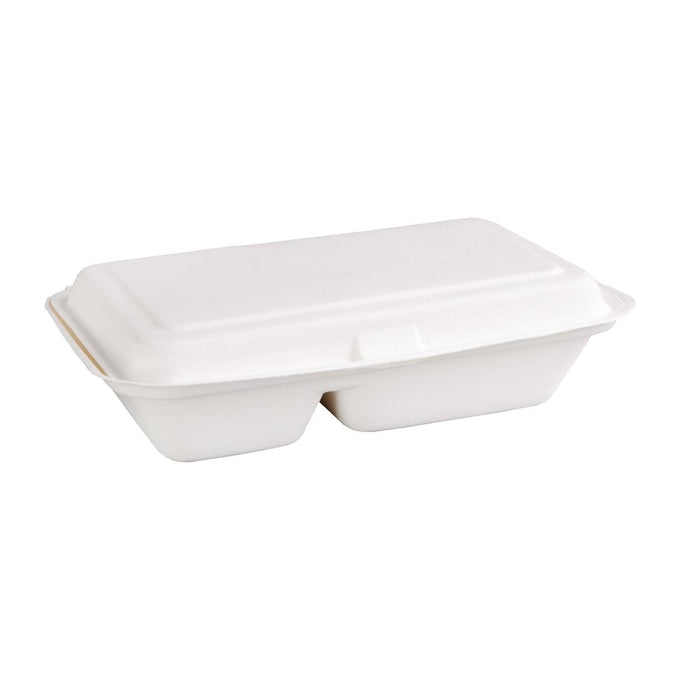 Boîtes 2 compartiments avec couvercle à charnière compostables en bagasse 253 mm (lot de 200) - Fiesta Compostable