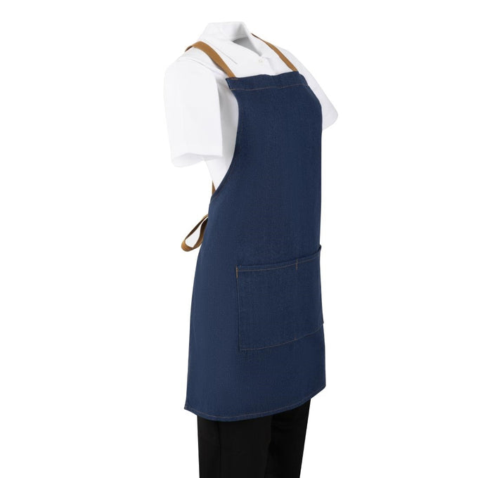 Tablier court croisé dans le dos en denim bleu avec liens en cuir - Southside