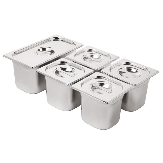 Ensemble de bacs GN 1/3 et 4 × 1/6 en inox avec couvercles - Vogue