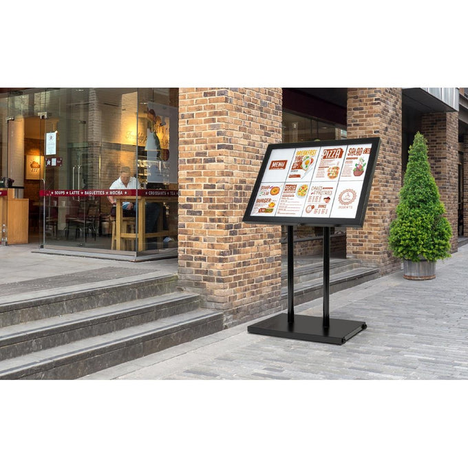Porte-menu à LED blanches en acier noir 8xA4 avec poteau et socle - Securit