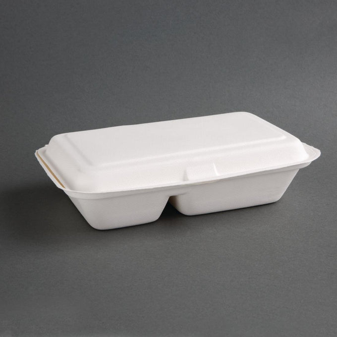 Boîtes 2 compartiments avec couvercle à charnière compostables en bagasse 253 mm (lot de 200) - Fiesta Compostable