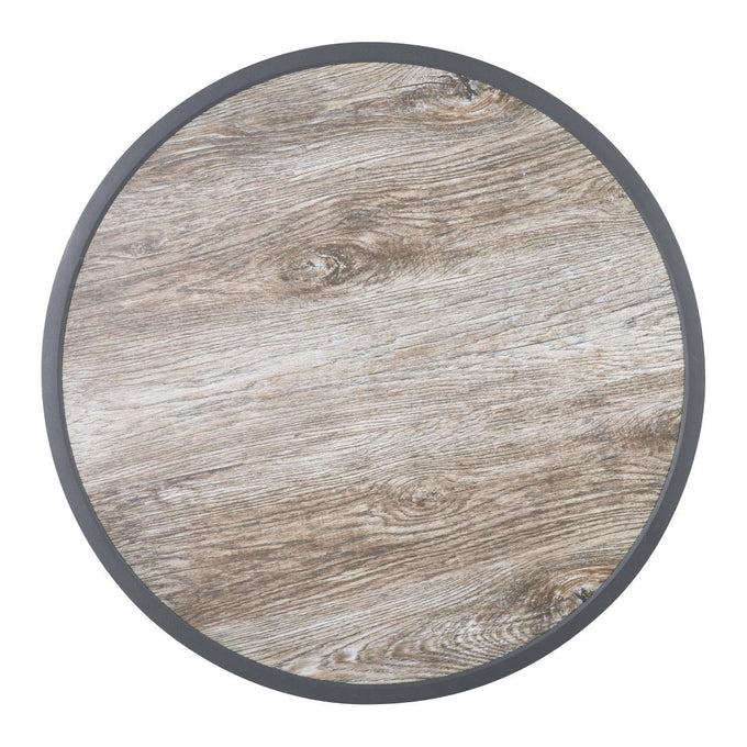 Plateau de table extérieur rond en verre trempé effet grain de bois bord gris 580 mm - Bolero