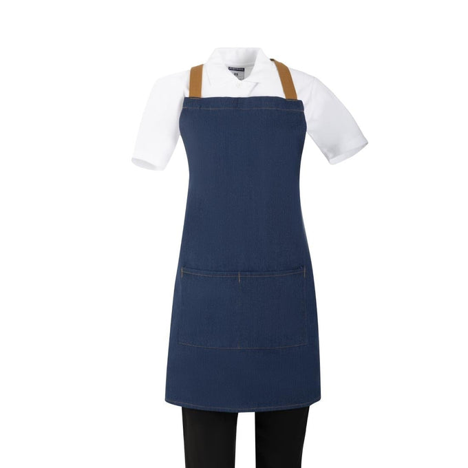 Tablier court croisé dans le dos en denim bleu avec liens en cuir - Southside