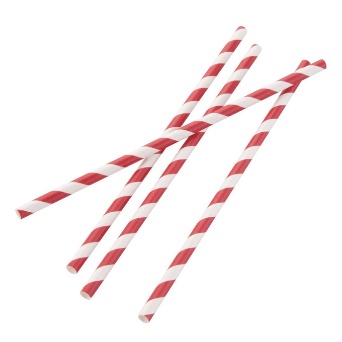 Pailles en papier compostables rayées rouge et blanc (lot de 250) - Fiesta Compostable