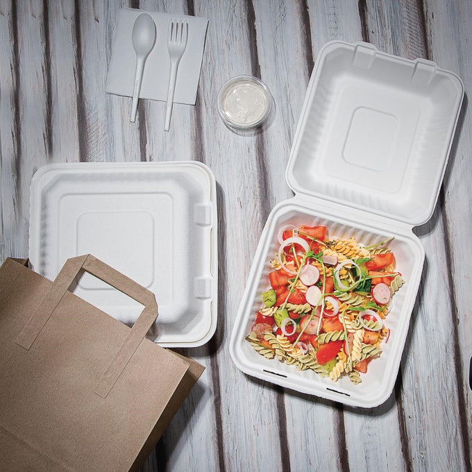 Boîtes avec couvercle à charnière Recyclables en bagasse Recyclable 223 mm (lot de 200) - Fiesta Compostable