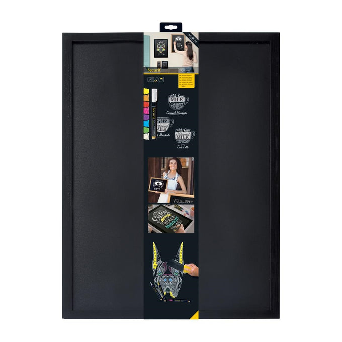 Ardoise murale cadre en bois noir avec feutre craie et fixations 60 × 80 cm - Securit