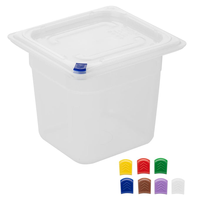Bacs PP Click GN 1/6 avec couvercles et 7 clips de couleur 150 mm 2,2 L (lot de 4) - Hygiplas
