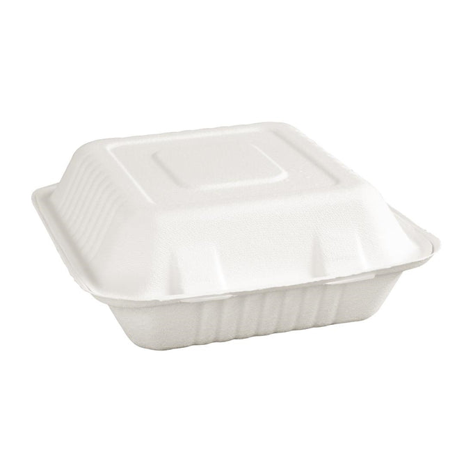 Boîtes 3 compartiments avec couvercle à charnière compostables en bagasse 201 mm (lot de 200) - Fiesta Compostable