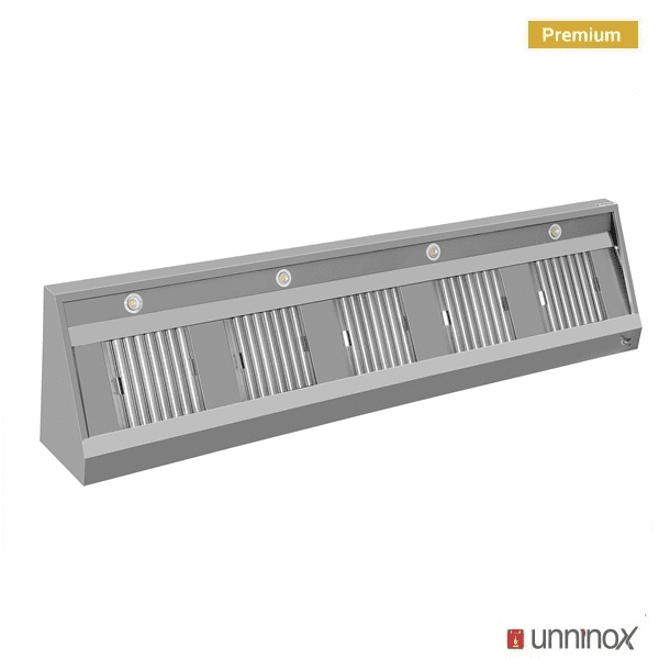 Hotte murale inox inclinée - L 2800 x P 700 x H 400 mm - 5 filtres labyrinthe - Unninox