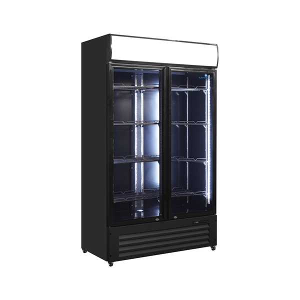 Armoire à boissons vitrée 2 portes - 900 L - noir avec bandeau - 0 à +10 °C - L 1120 x P 590 x H 1995 mm - Unninox