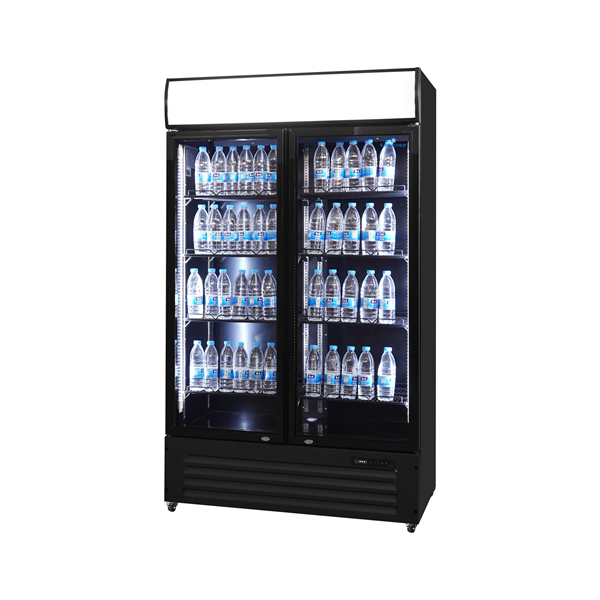 Armoire à boissons vitrée 2 portes - 900 L - noir avec bandeau - 0 à +10 °C - L 1120 x P 590 x H 1995 mm - Unninox