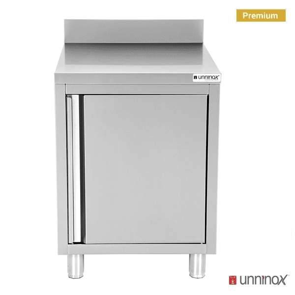 Meuble bas inox avec dosseret 1 porte - L 600 x P 700 x H 850 mm - Unninox