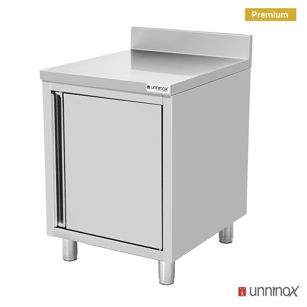 Meuble bas inox avec dosseret 1 porte - L 600 x P 700 x H 850 mm - Unninox