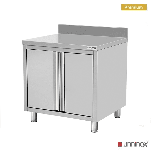 Meuble bas inox avec dosseret 2 portes - L 800 x P 700 x H 850 mm - Unninox
