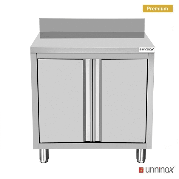 Meuble bas inox avec dosseret 2 portes - L 800 x P 700 x H 850 mm - Unninox