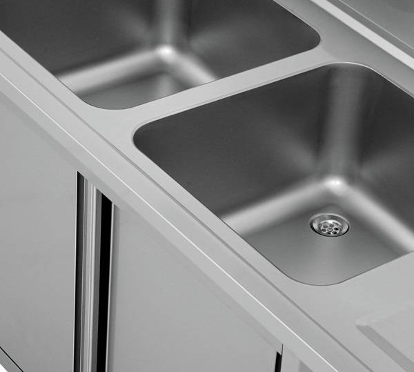 Meuble plonge inox 2 bacs à droite portes coulissantes - L 2000 x P 700 x H 850 mm - Unninox