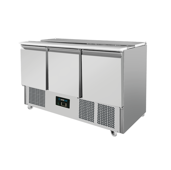 Saladette réfrigérée Compact Line - 3 portes - 368 L - 4 x GN 1/1 - L 1370 x P 700 x H 870 mm - Unninox