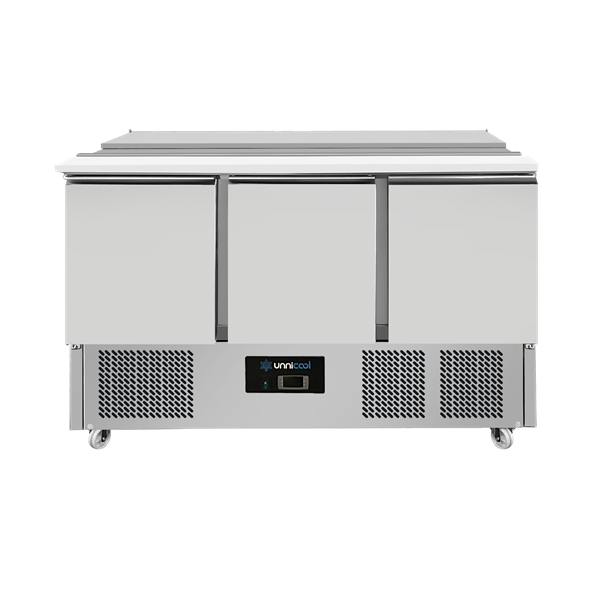Saladette réfrigérée Compact Line - 3 portes - 368 L - 4 x GN 1/1 - L 1370 x P 700 x H 870 mm - Unninox