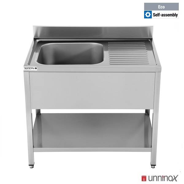 Plonge inox 1 bac à gauche avec étagère basse - L 1200 x P 700 x H 850 mm - gamme Eco - Unninox