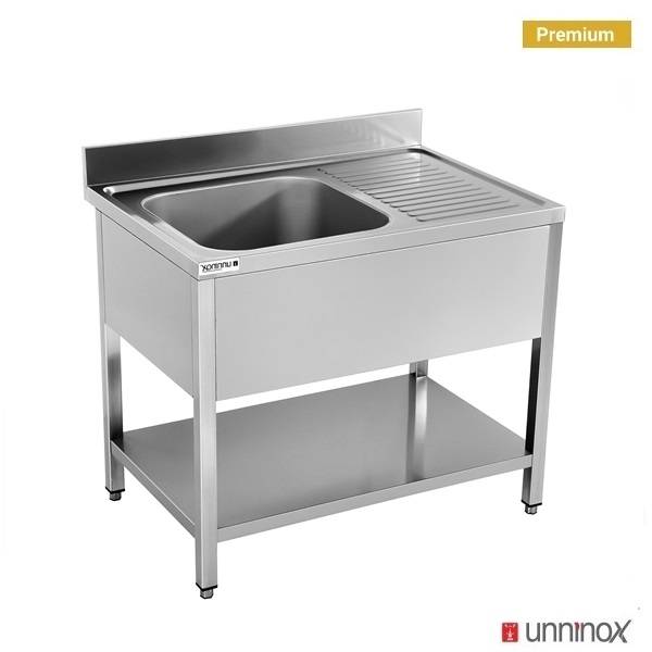 Plonge inox 1 bac à gauche avec étagère basse - L 1200 x P 700 x H 850 mm - gamme Premium - Unninox