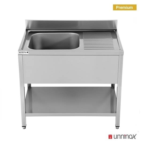 Plonge inox 1 bac à gauche avec étagère basse - L 1200 x P 700 x H 850 mm - gamme Premium - Unninox